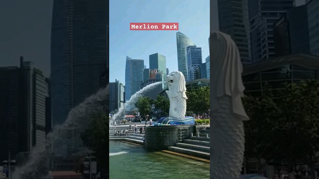 Singapore's iconic 28-foot Merlion statue, a half-fish, half-lion stone carving fountain 