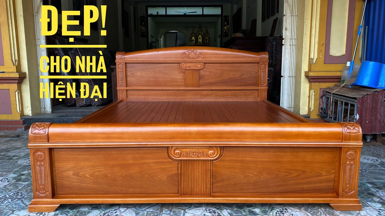 Giường vát trơn gỗ gõ đỏ hoàn thiện vuốt vecli siêu kỹ sang trọng đẳng cấp