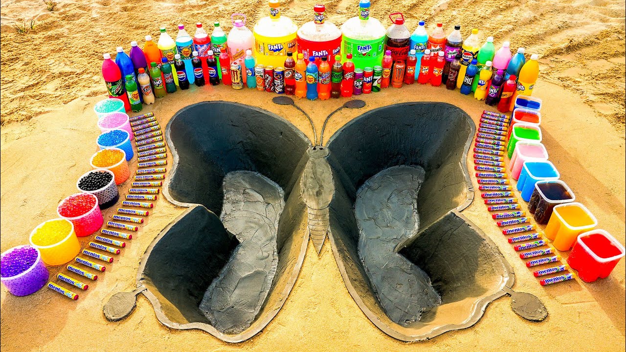 Experiment: Big Toothpaste Eruption from Butterfly Hole, Giant Fanta, Schweppes, Coca Cola vs Mentos