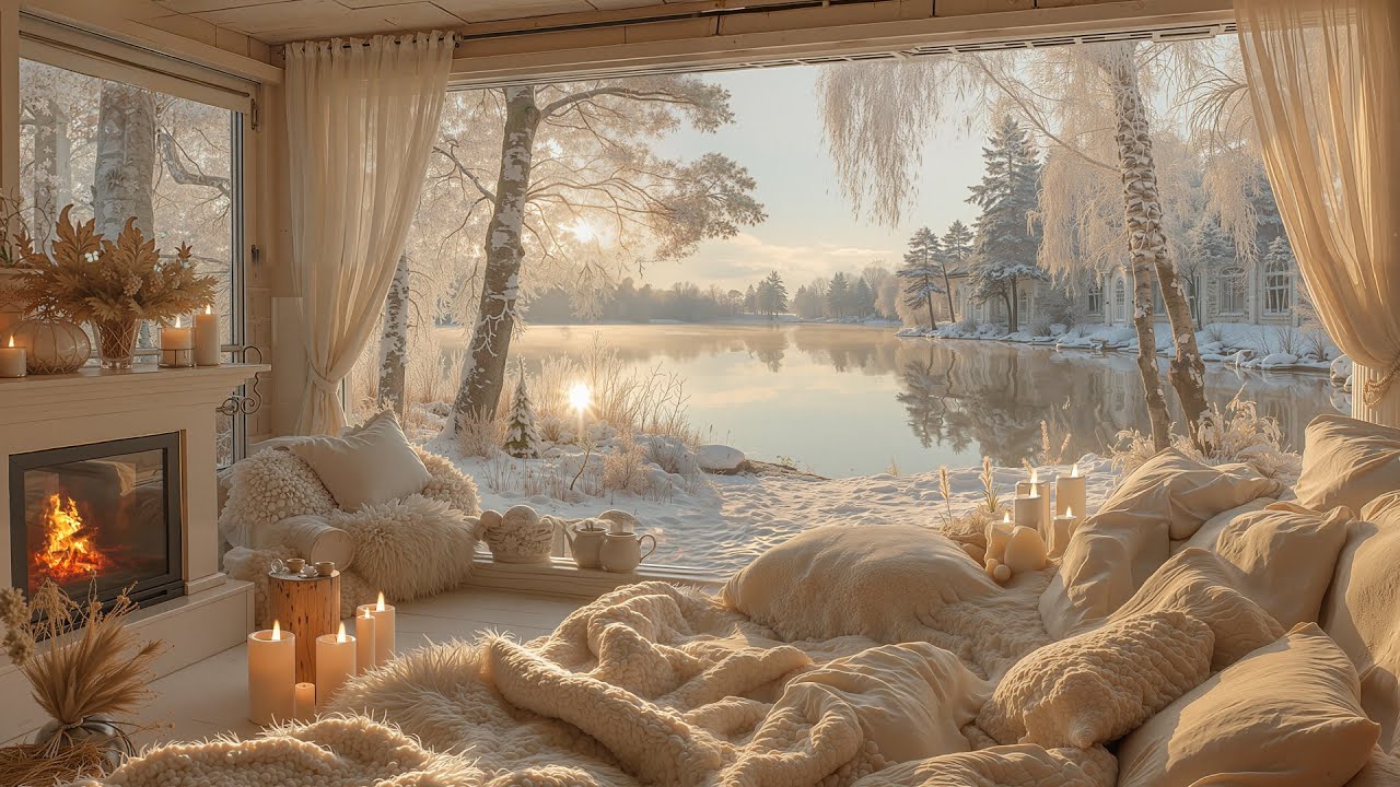 Cozy Porch Ambience by the Lake ❄️ Piano Music & Warm Fireplace for Deep Focus