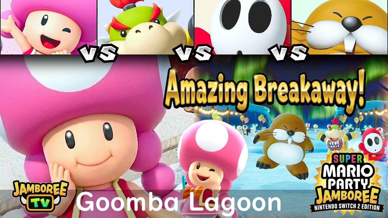 Super Mario Party Jamboree TV Toadette vs Bowser Jr. vs Shy Guy vs Monty Mole in Goomba Lagoon