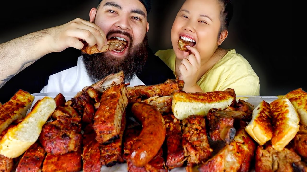 BBQ BABY BACKS RIBS + SPARE RIBS + HOT LINKS + PORK BELLY MUKBANG 먹방 EATING SHOW!
