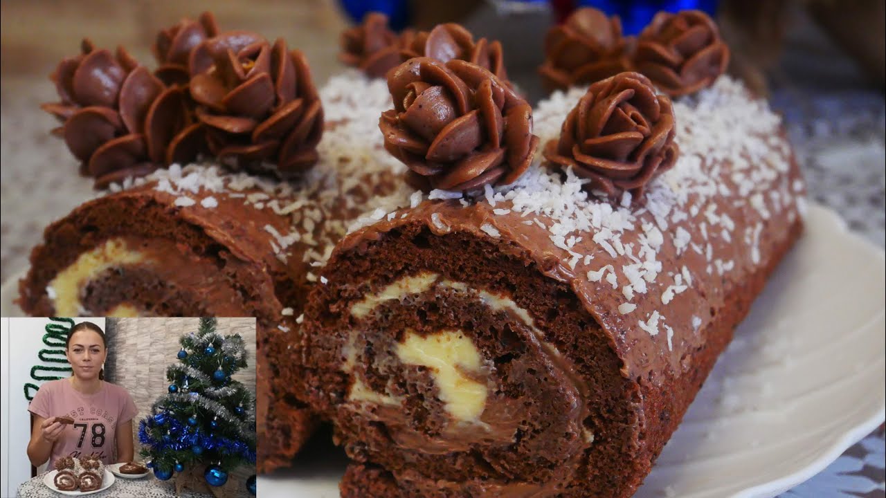 Шоколадный Бисквитный Рулет с Масляным Кремом и Шишками на Снегу