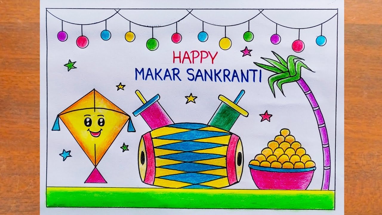 Makar Sankranti Drawing Easy / Makar Sankranti Poster Drawing / Happy Makar Sankranti Drawing 