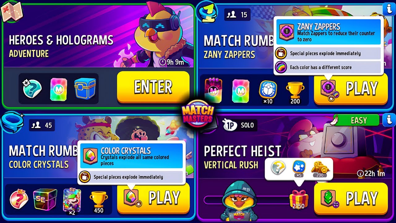 Vertical Rush Perfect Heist/ 45 players Rumble Color Crystals/ 15 players Zany Zappers/ Adventure