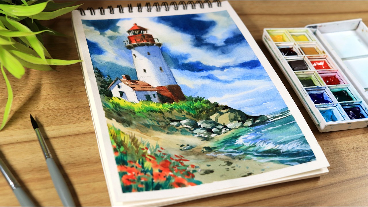 Watercolor Painting of Cloudy landscape and Rocky Shores