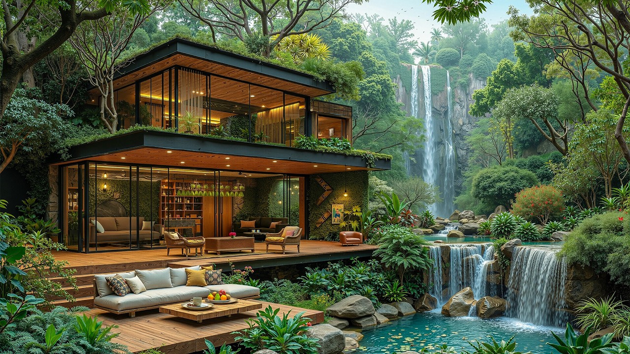 Outdoor Coffee Shop Jazz with Waterfall View ☕ Smooth Jazz & Relaxing Nature Sounds