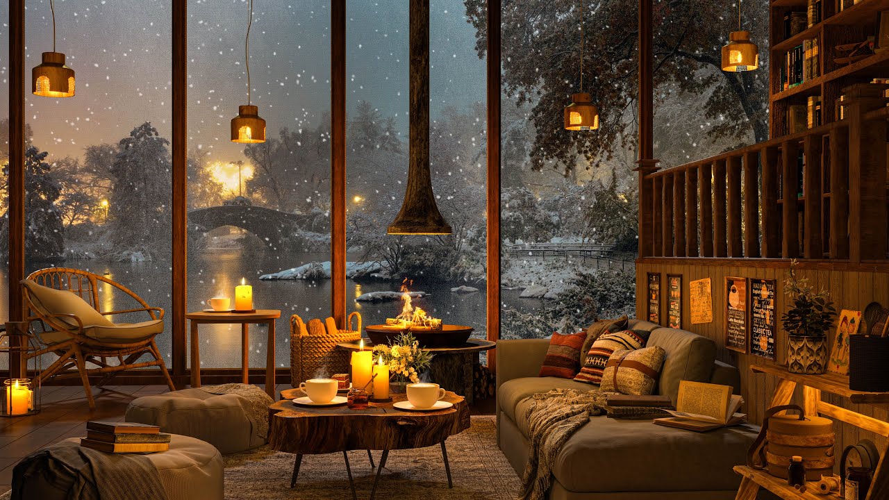 Winter Ambience at Cozy Coffee Shop - Snowfall on Window, Fireplace and Lake view For Relax, Sleep