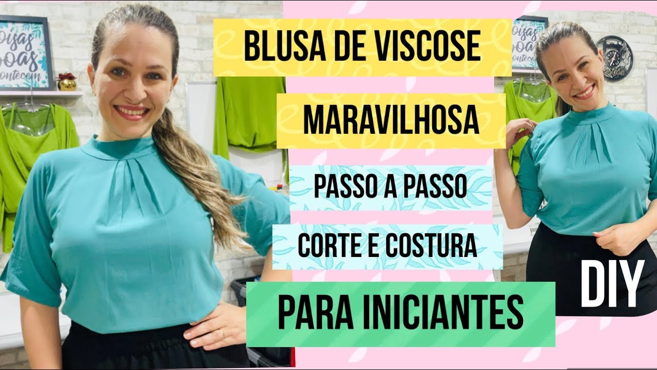 CORTE E COSTURA DE BLUSA DE VISCOSE COM GOLA ALTA E PREGAS- Fácil para iniciantes #passoapasso