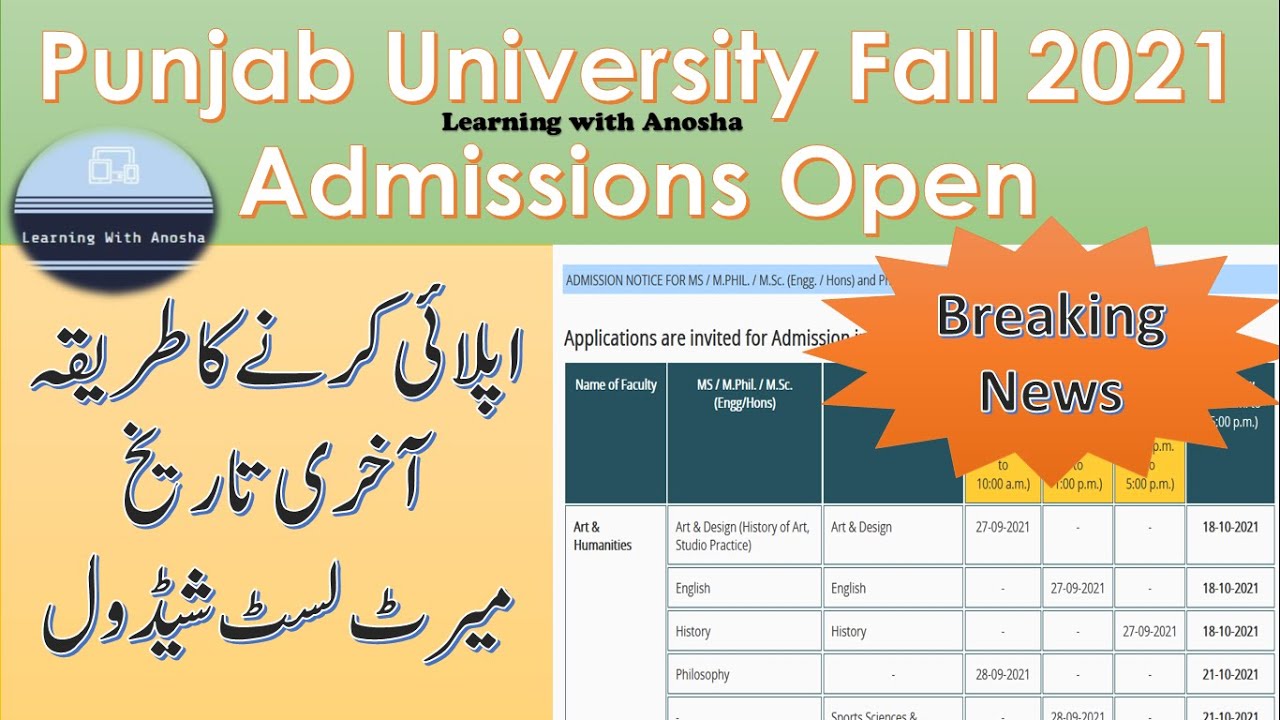 Punjab University Admissions Open Fall 2021 | MS MPHIL PHD Admissions Details PU