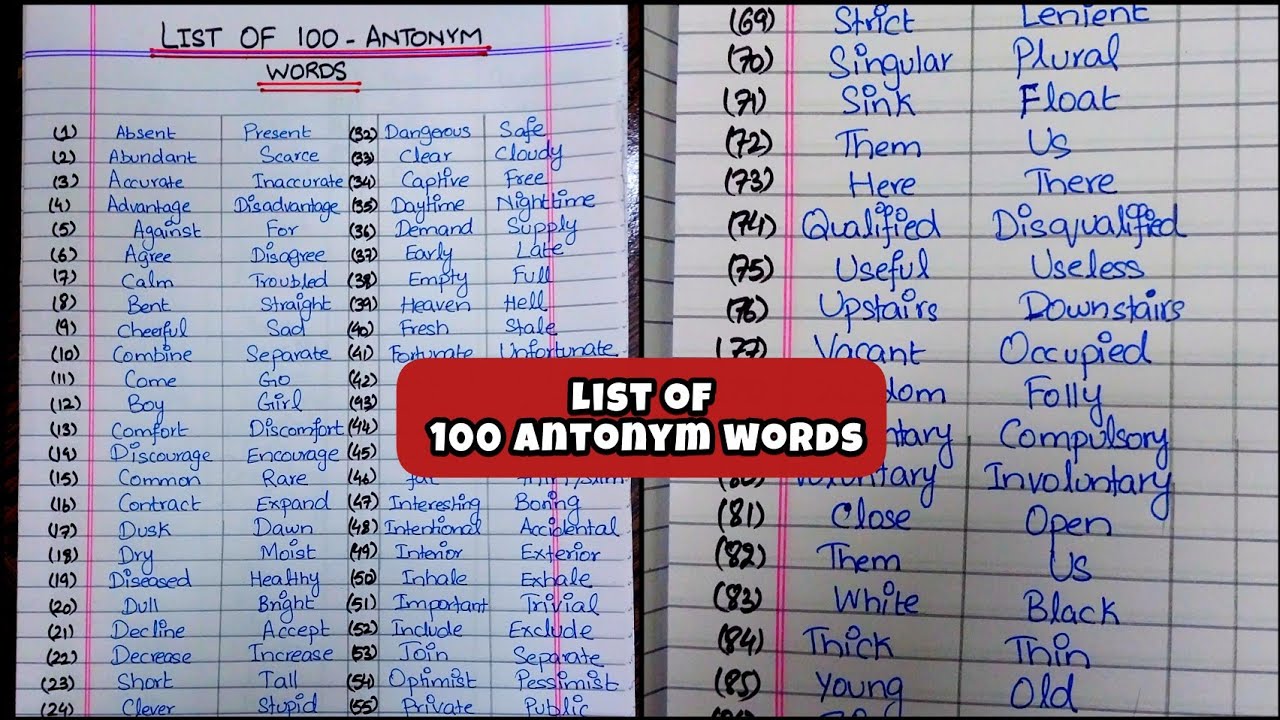 List Of 100 Antonym words of English | 100 Antonyms | 100 Opposites list | english vocabulary |