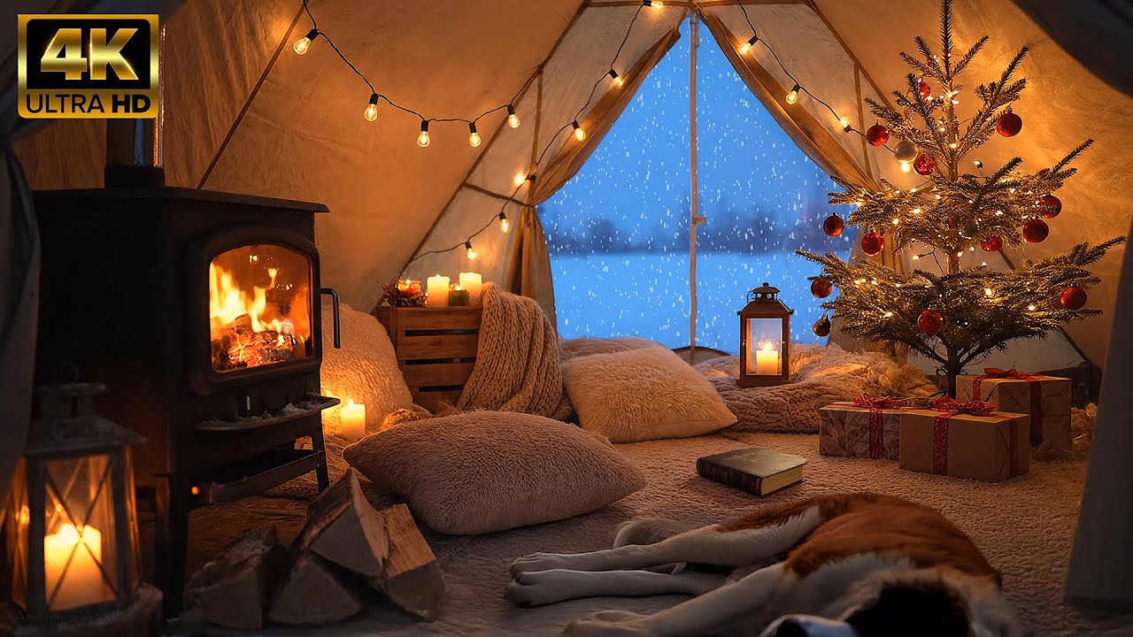 🔥 Navidad en Tienda de Campa&ntilde;a 4K | Chimenea, Nieve y Sonidos Acogedores 🎄