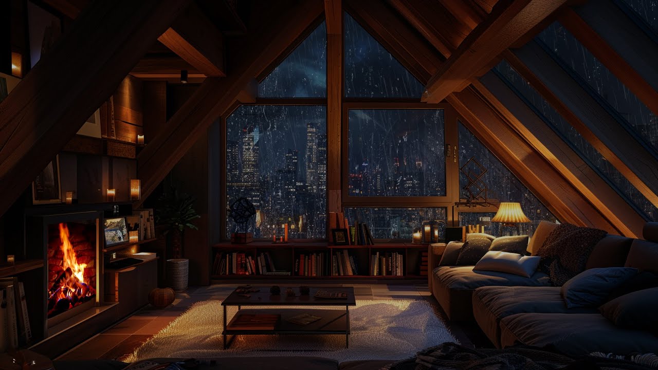Gentle Rain Passing Through Firelight Glow | A Calm Night Haven for Deep Peace
