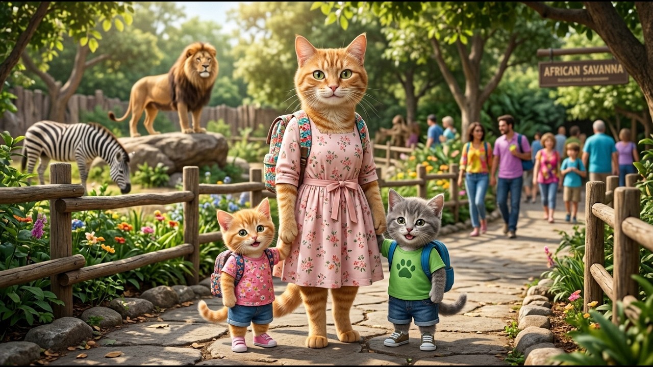 🐾Adorable Mama Cat Takes Her Curious Kittens to the Zoo 🦁🐘  Cute Animal Discovery and Fun Adventure