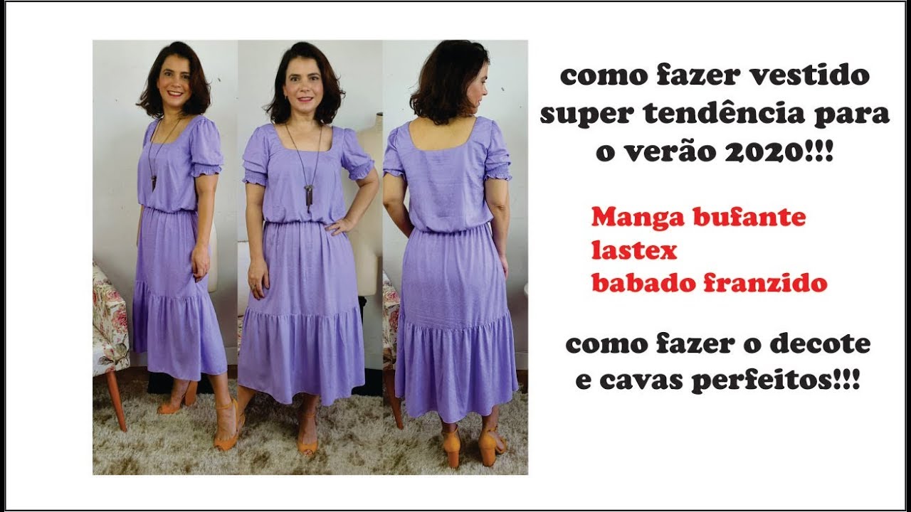 VESTIDO MIDI COM MANGA BUFANTE E BABADO FRANZIDO MODELAGEM  COM CÉLIA ÁVILA