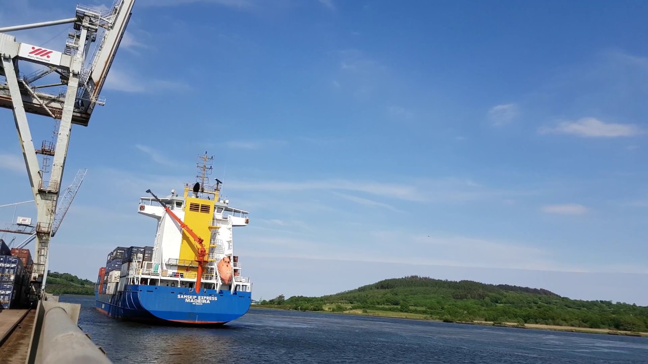 Container ship arriving at berth at Port of Waterford Container Terminal