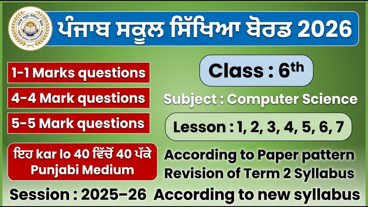 PSEB Class 6 Computer Science Full Revision 2026 | Lesson 1 to 8 Complete Exam Preparation