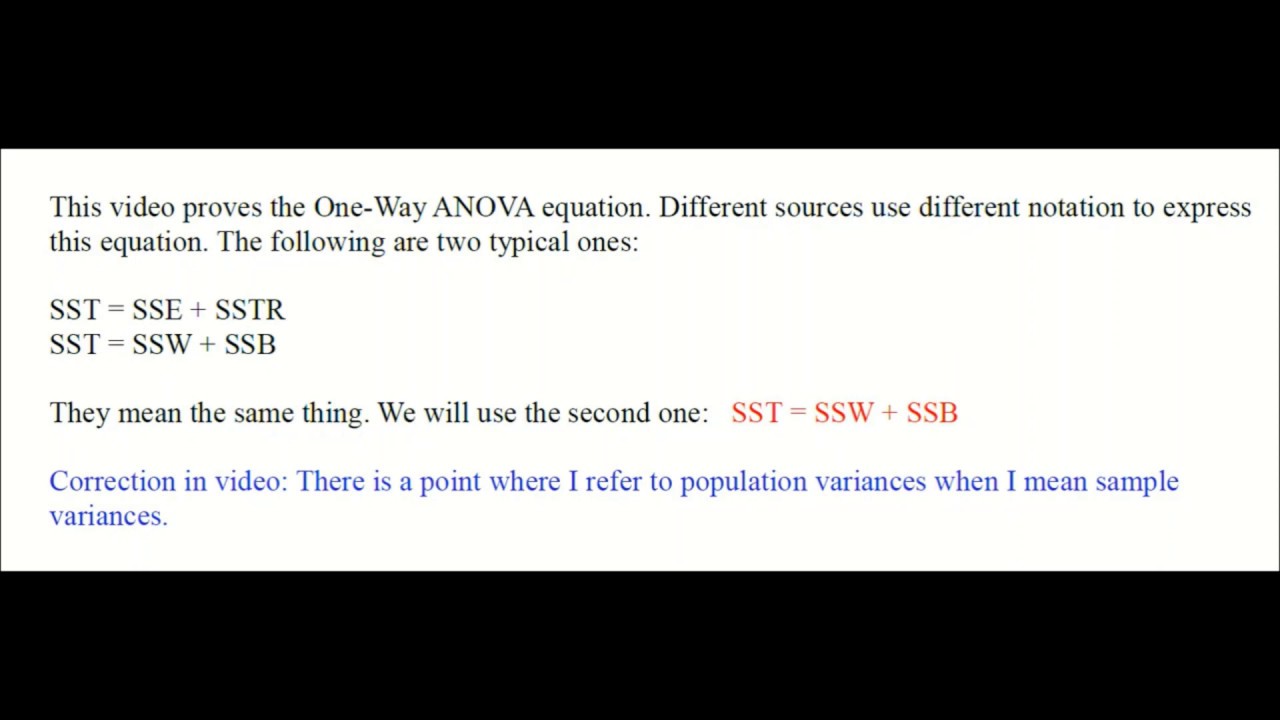 Proof of One Way ANOVA Equation SST = SSW + SSB