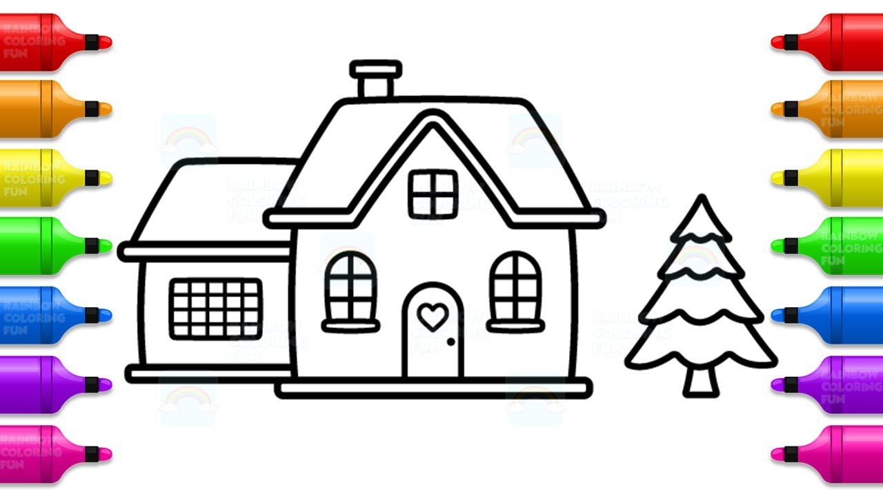 How to Draw Santa House and Christmas Tree - Fun Coloring Pages for Kids