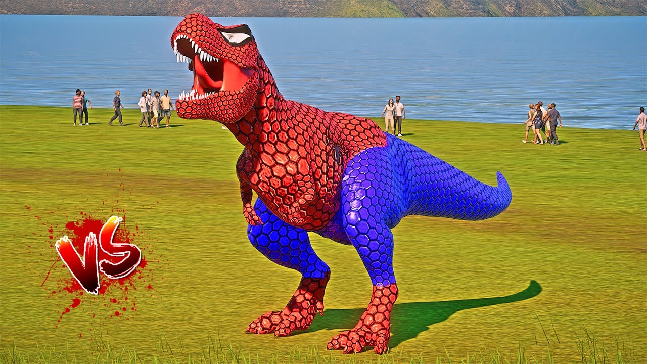 Spiderman T-Rex attacks colored dinosaurs. Trex Spinosaurs I-Rex Best Dinosaurs