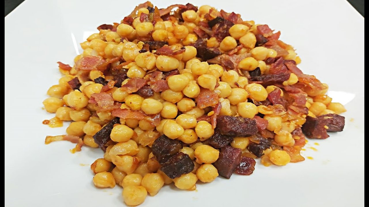 GARBANZOS FRITOS, CON CHORIZO Y PANCETA O JAMÓN, RECETA SENCILLA FACIL RAPIDA CASERA RICA Y DELCIOSA