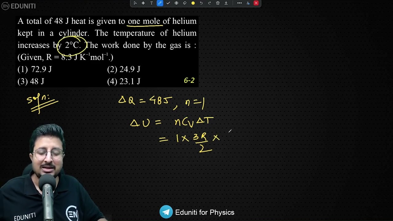 A total of 48 J heat is given to one mole of helium kept in a cylinder. The temperature of helium in
