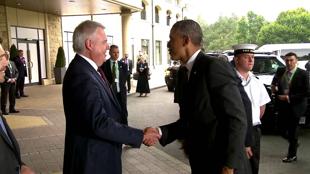 US President and UK Prime Minister arrive at Celtic Manor Resort