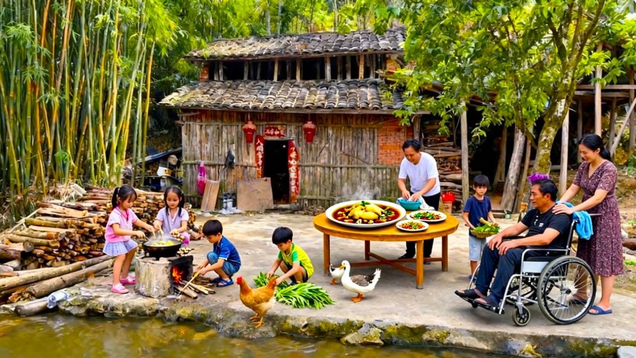 【一家七口隐居深山】一家七口顶梁柱的孩子爸爸老腰又复发！孩子们为爸爸做小鸡炖蘑菇补身体，晚上妈妈带爸爸去镇上理疗#农村生活#vlog#山居生活