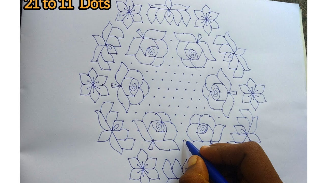 21 to 11 Dots 🌺 Big Rangoli 🌺 Designs//🌺Beautiful kolam//🌺🌺Step by step beginners kolam. 