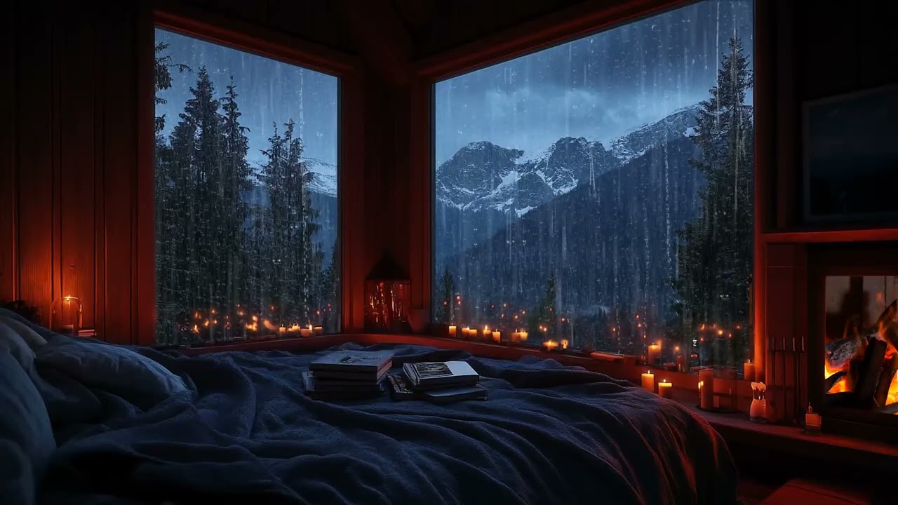 Cozy Mountain Cabin Night Ambience with Rainstorm& Thunder & Crackling Fireplace | Relax and Sleep