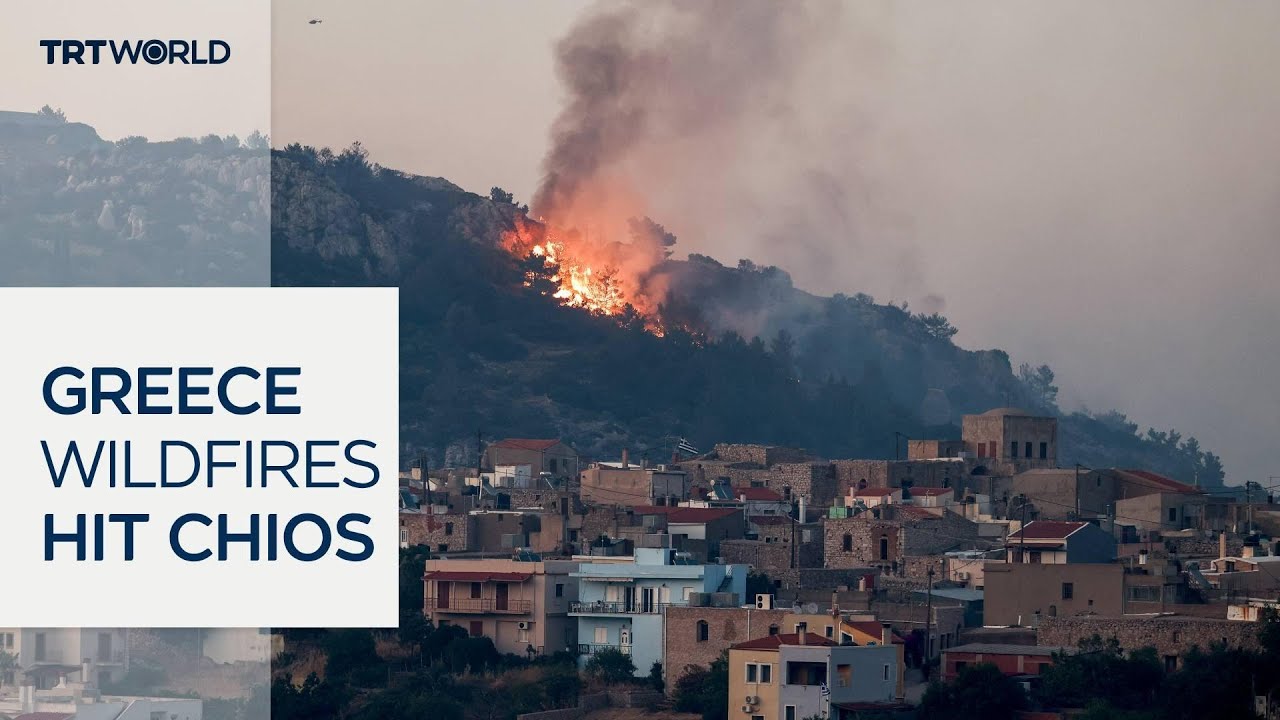 Greek wildfires threaten Chios amid heat and winds