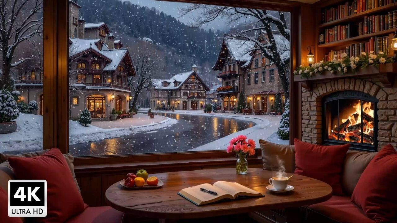 Beautiful Winter Jazz Cafe ~ Soothing Background Music with Fireplace Helps Relieve Stress