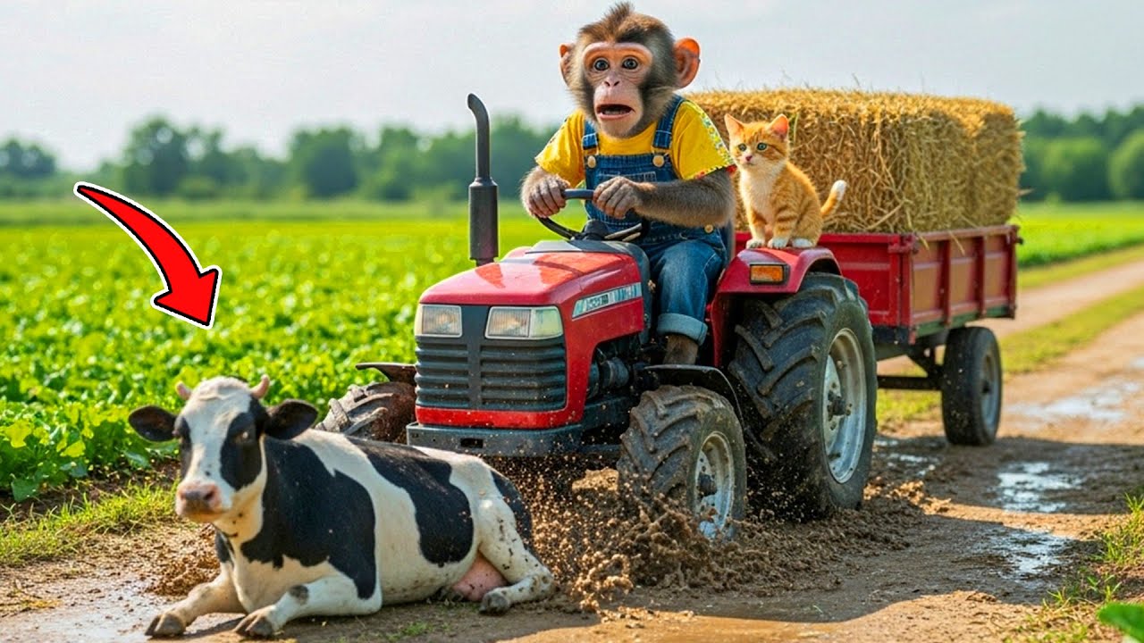 Monkey BonBon Drives Tractor to Rescue a Dairy Cow from the Deep River 🐄 Unexpected Farm Adventure