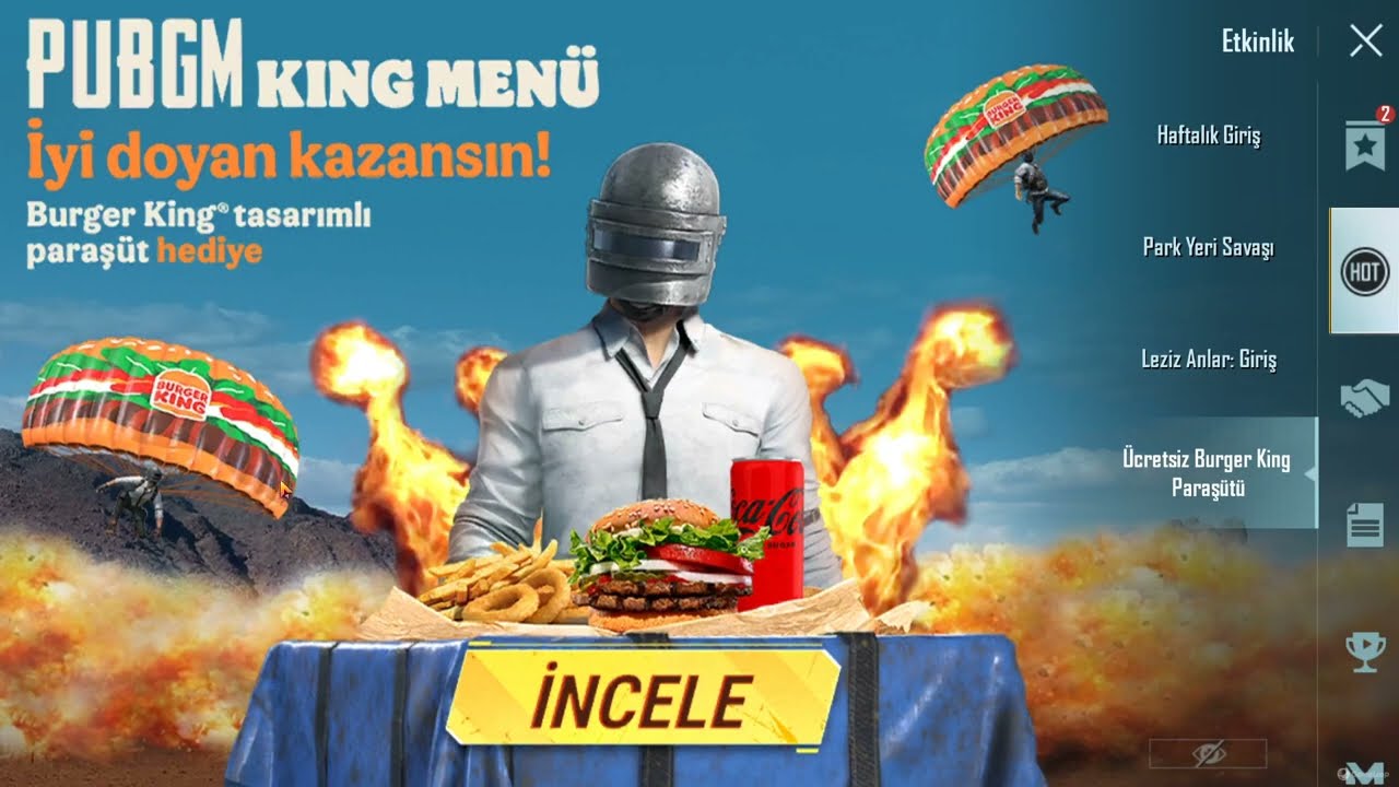 PUBGM King Menu - &Uuml;cretsiz Burger King Paraş&uuml;t&uuml;