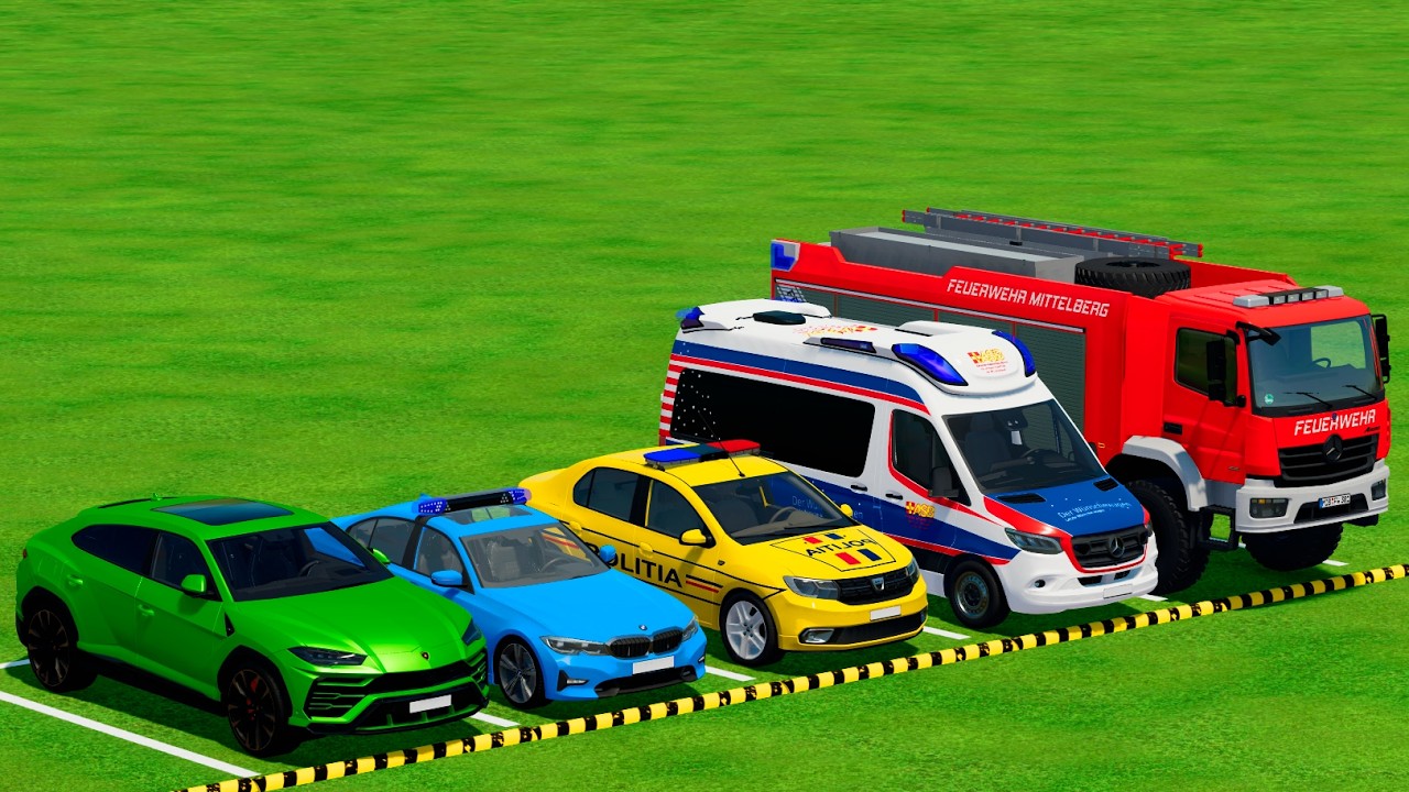 LAMBORGHINI, DACIA, BMW, LAND ROVER POLICE CARS VOLKSWAGEN AMBULANCE EMERGENCY TRANSPORTING FS22