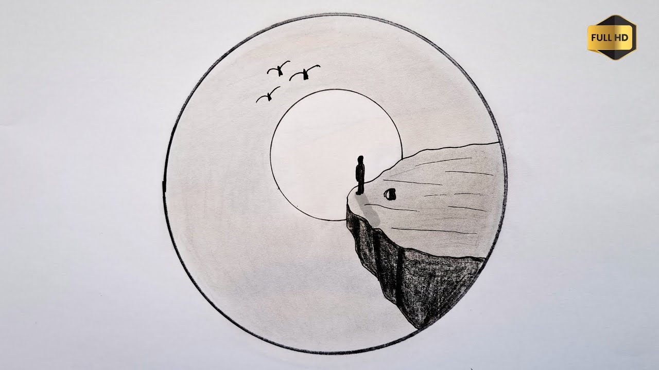 Drawing a rock and sunset | Minimalist landscape in a circle
