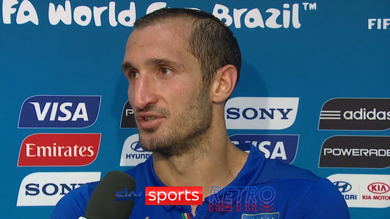 Giorgio Chiellini after being bitten by Luis Suarez at the 2014 World Cup