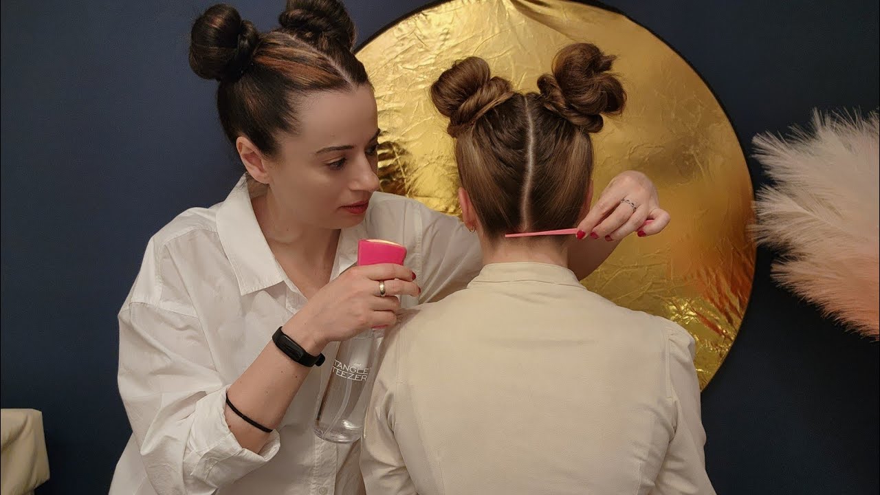 ASMR Perfectionist Twin Bun Hairstyle with Finishing Touches and Combing - Hairspray, Brushing, Wax