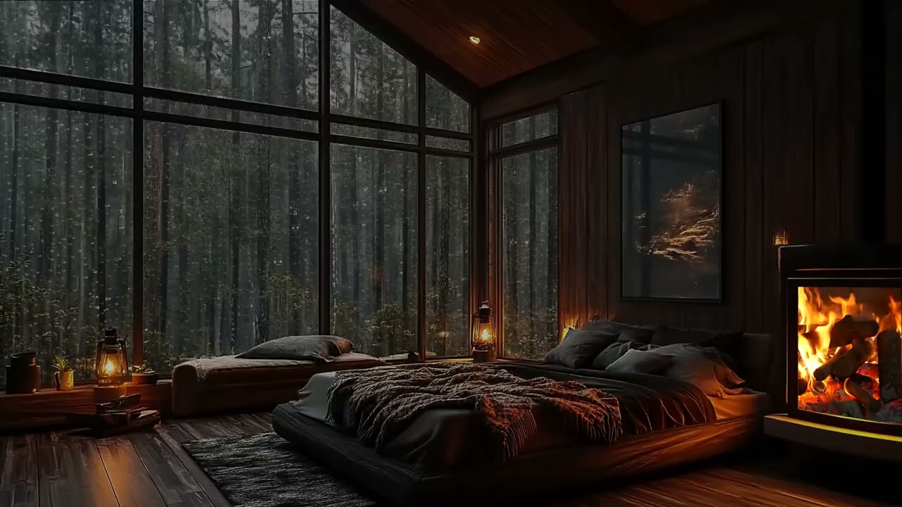 Heavy Rain on Window with Fireplace in Forest Room for Stress Relief and Deep Sleep