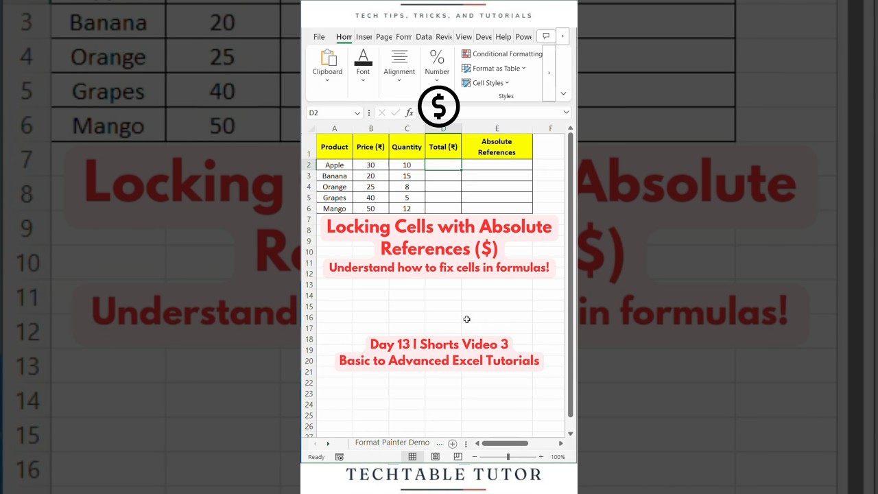 Locking Cells with Absolute References ($) in Excel : Tutorial Day 13, Video 3 #excel #excelshorts