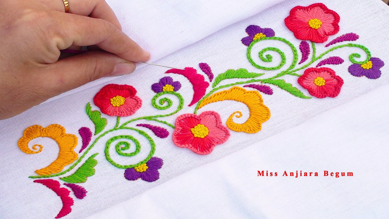 Very easy and step-by-step hand embroidery for Dress and Dupatta by Miss Anjiara Begum