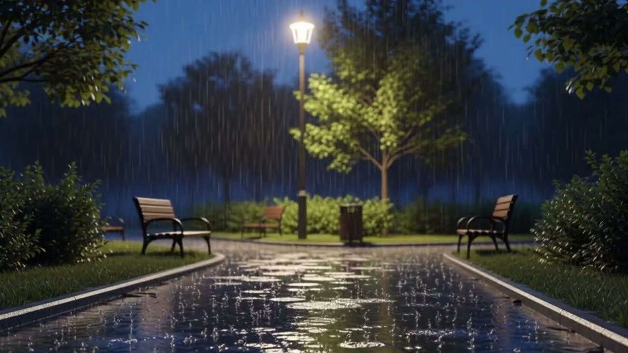 Night Rain in the Park Under a Streetlight | 8 Hours for Deep Sleep (No Music)