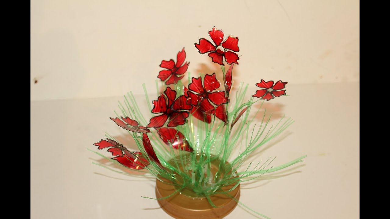 Best Out Of Waste Plastic bottles transformed to lovely Red Flower plant Showpiece