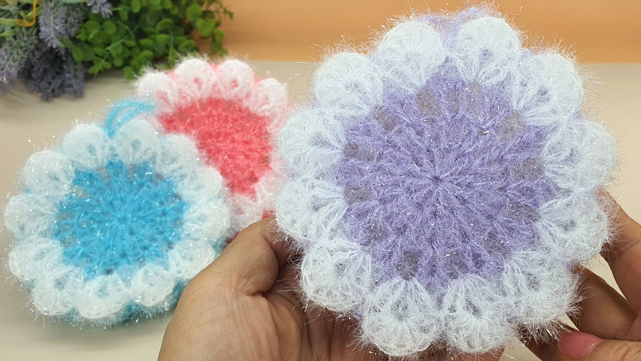 [수세미코바늘] 얇은꽃 평면 수세미 뜨기  Crochet Dish Scrubby