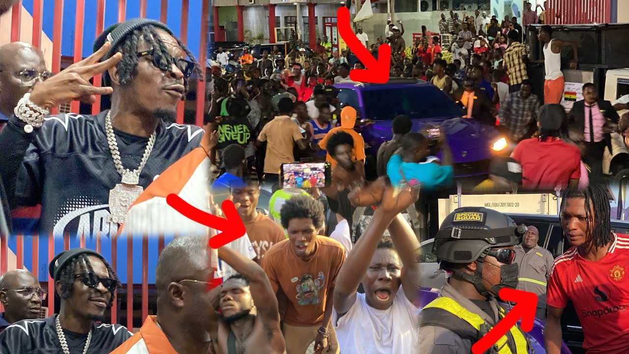 Shatta Wale Meets Fans with Purple Lamborghini—Fans Clash with Security at Asempa FM After Interview