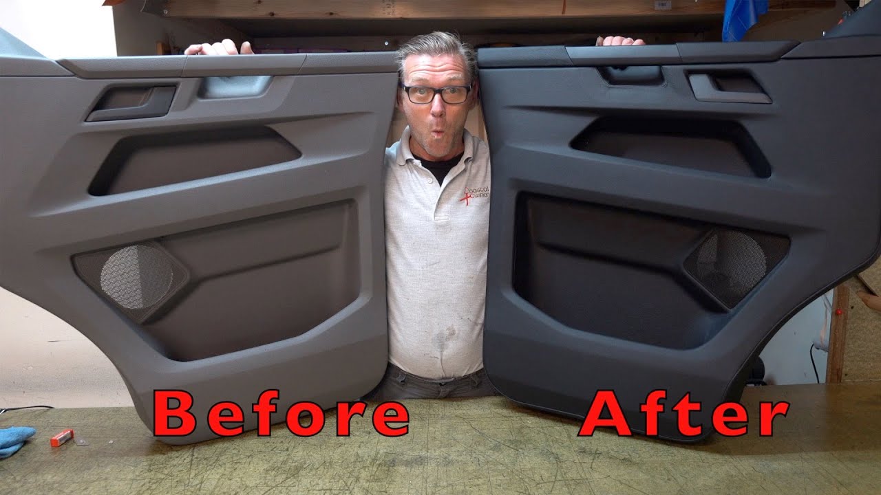 VW T6/T6.1 cab door cards trimmed in Black Automotive leather