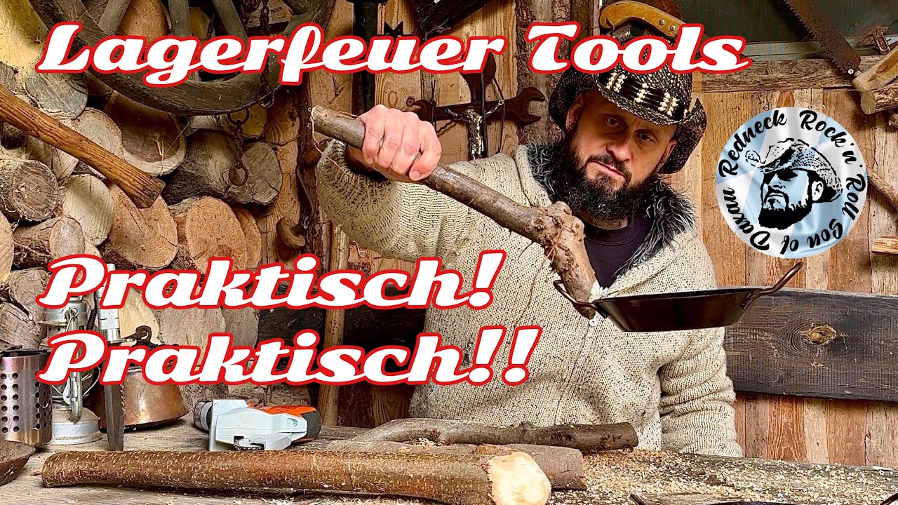 Praktische Hilfsmittel zum Lagerfeuerkochen, Selbstgebaute Holz Pfannenhalter f&uuml;r draussen