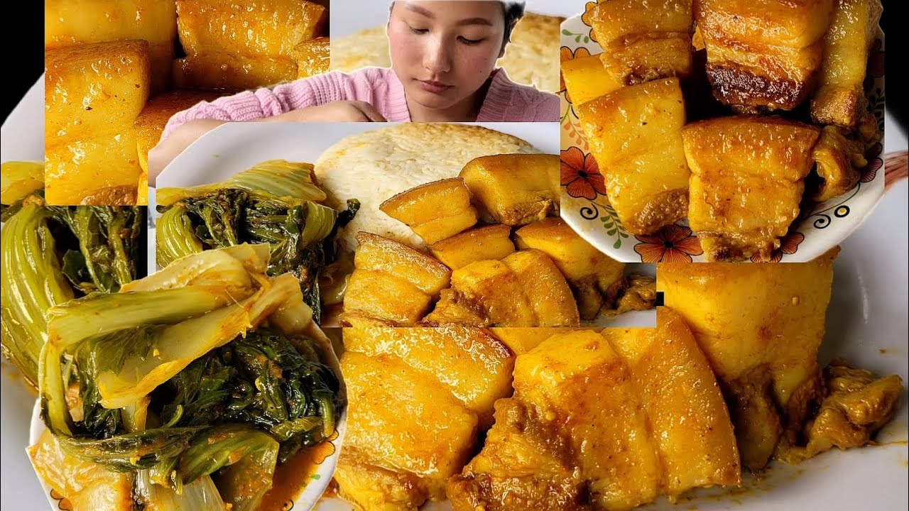 eating juicy pork with green leafy mukbang