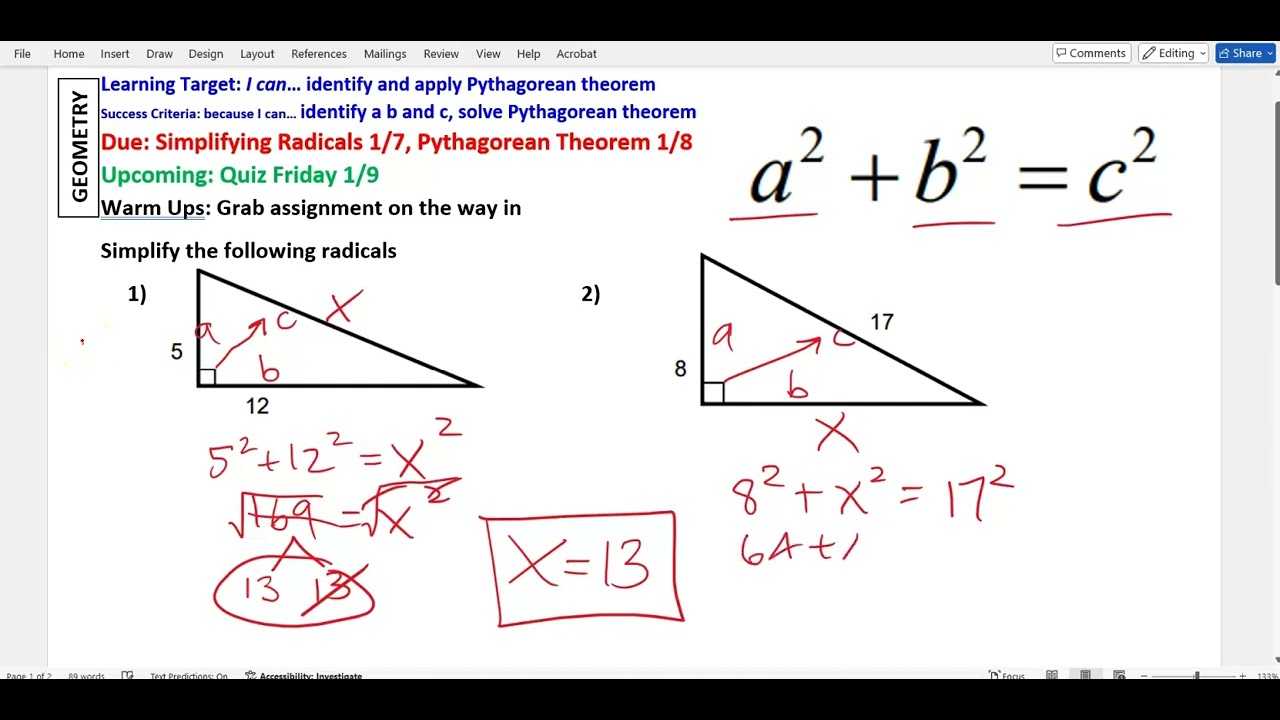 1/8/26 GE Warm Up, Assignment Pythagorean Theorem #mrglee