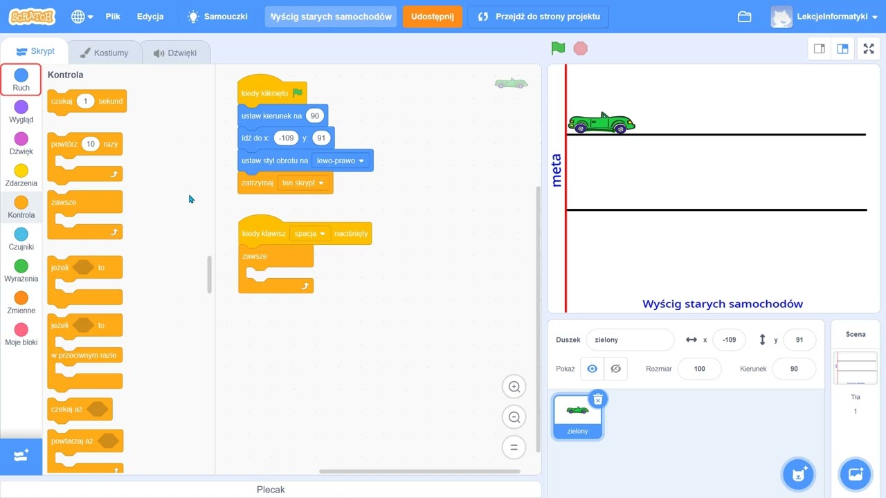 Programowanie w Scratchu. Wyścig starych samochodów. Informatyka klasa 5 WSiP.